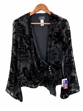 Xscape Whimsigoth Sheer Black Burnout Velvet Bell Sleeve Wrap Top 10 Gothic